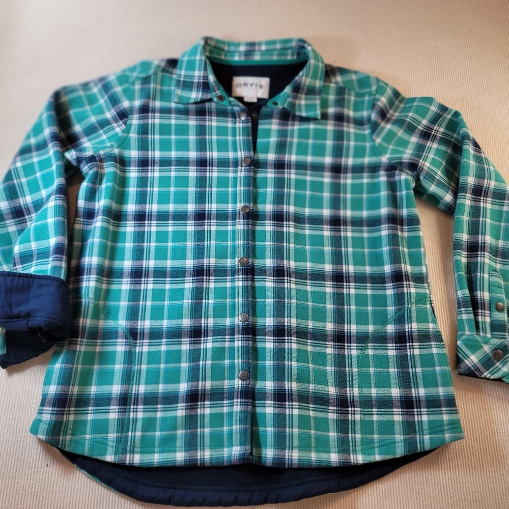 Orvis Fleece Lined Flannel Shirt Jacket Women's XL Teal Green Blue snap buttons